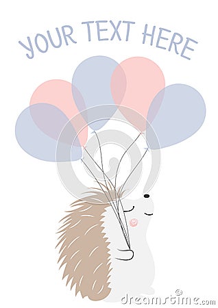 Greeting card with hedgehog and balloons template. Vector Illustration